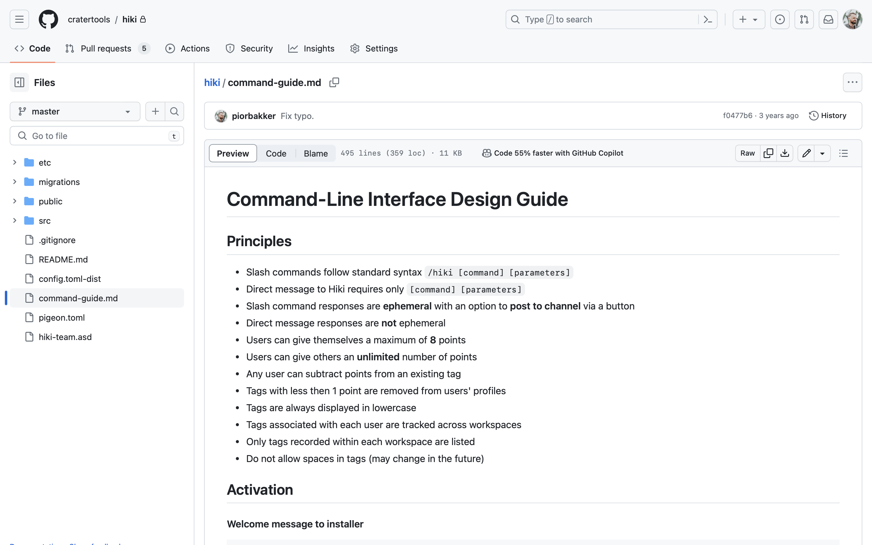 Screenshot of Hiki’s command-line interface design guide on GitHub