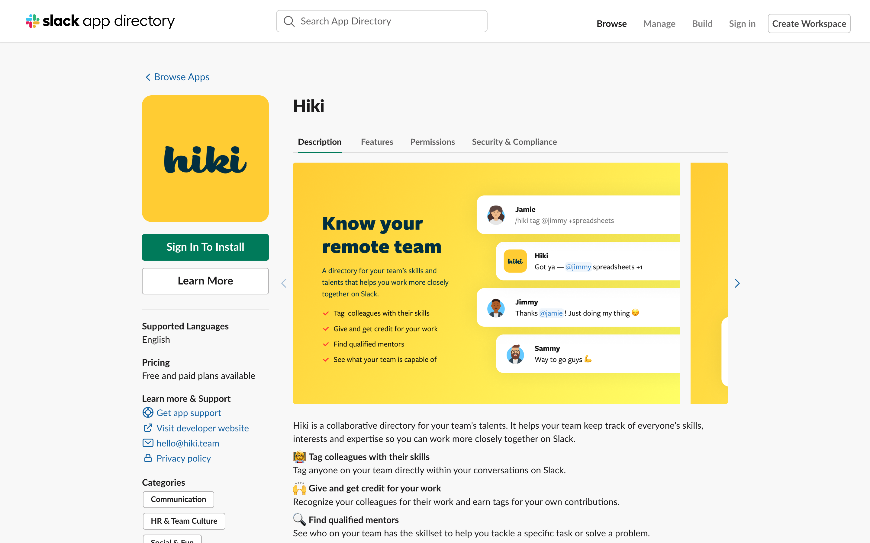 Screenshot of Hiki’s listing on the Slack App Directory