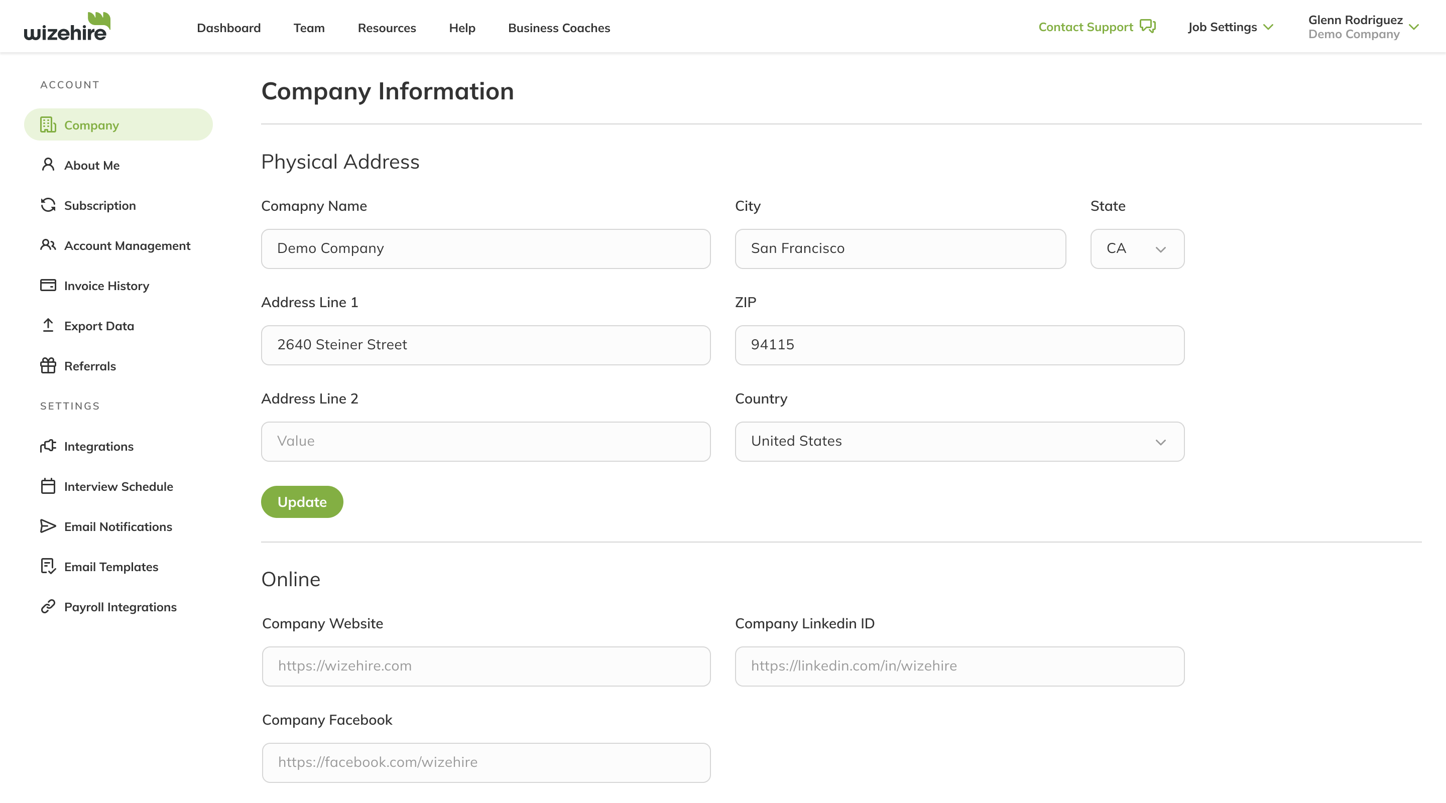 Frame of the company information page used for tesing the new design system