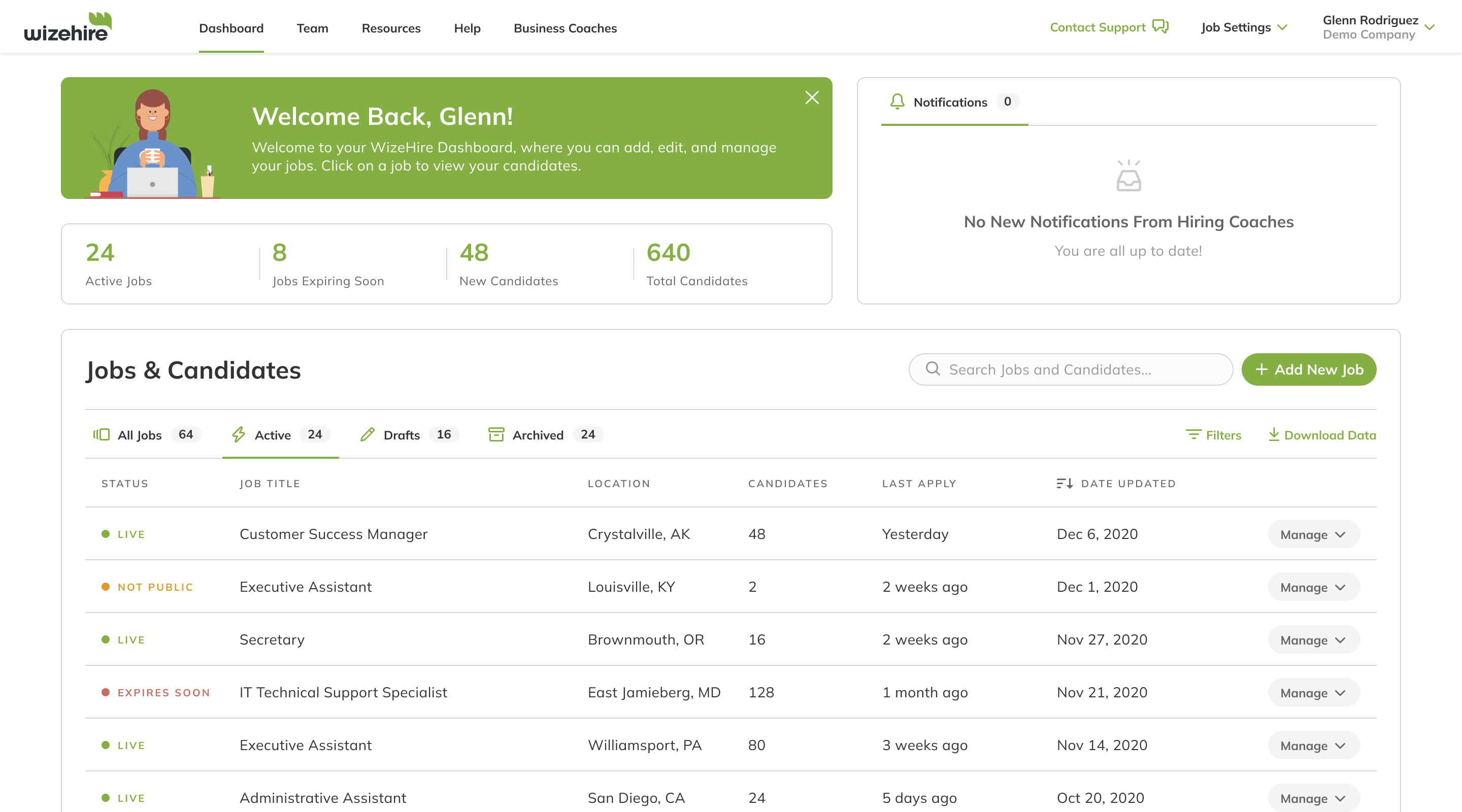 Frame of the job dashboard used for tesing the new design system