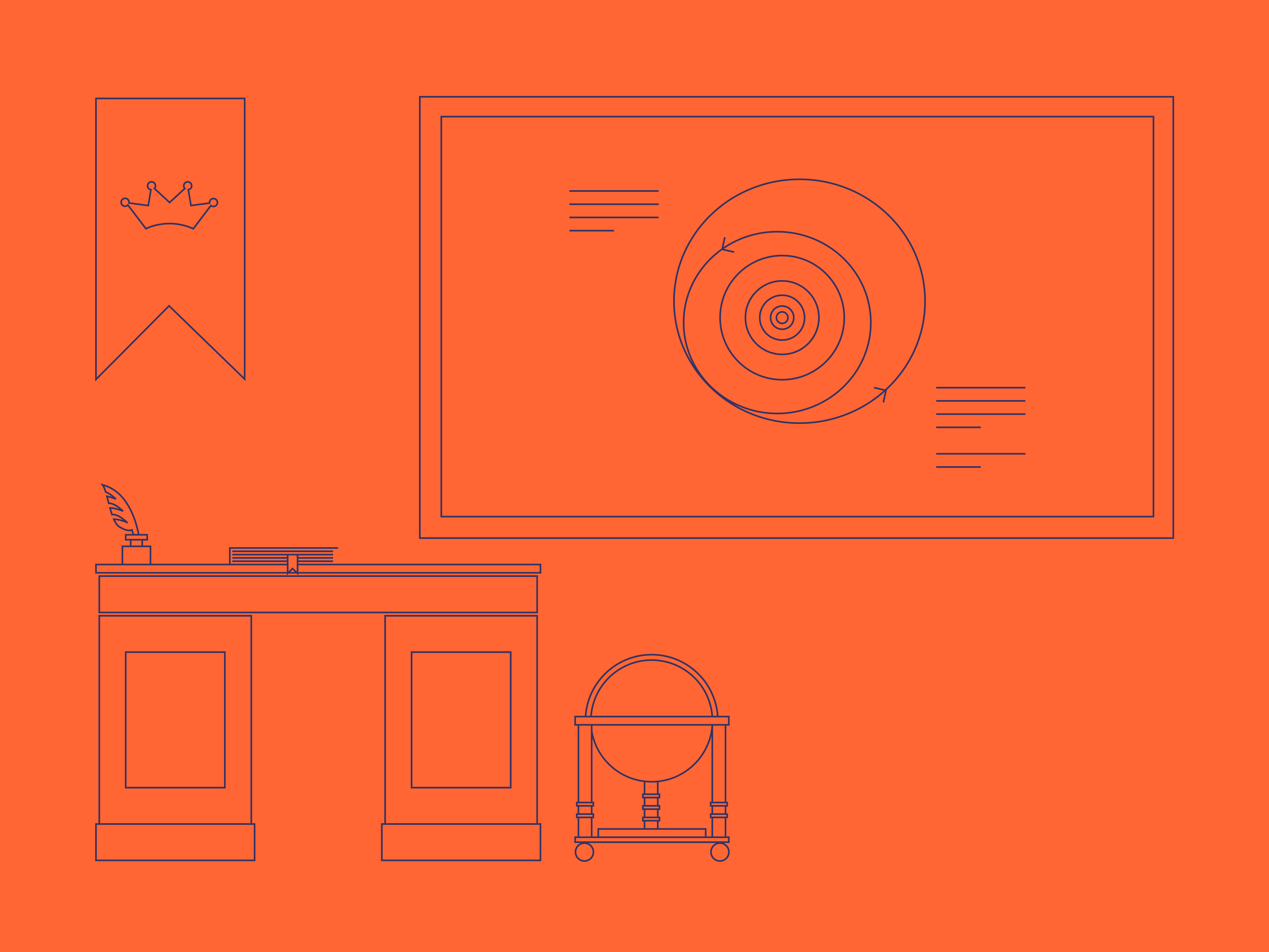 Line art illustration showing a 19th-century desk and blackboard