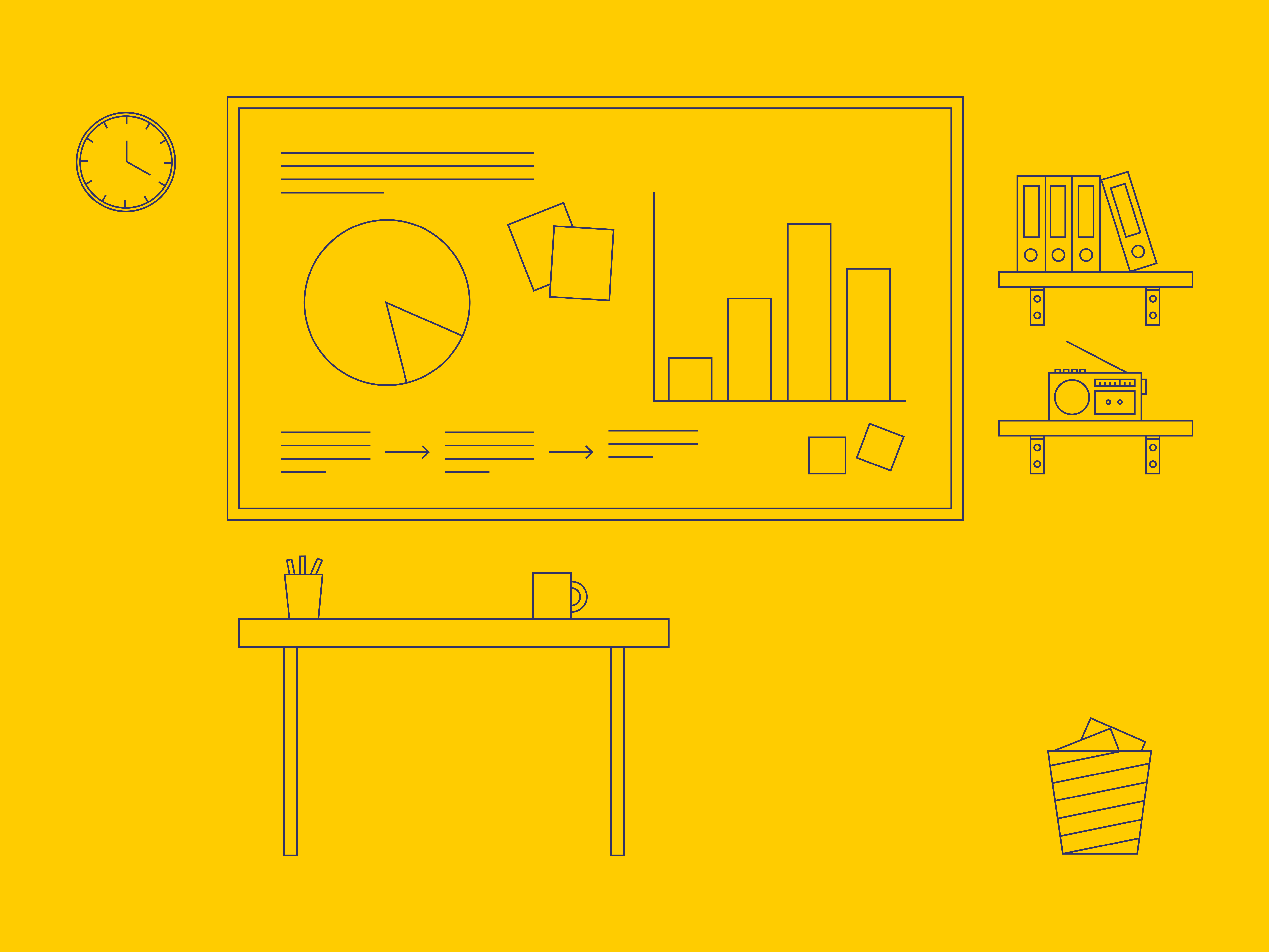 Line art illustration showing a 20th-century desk and whiteboard