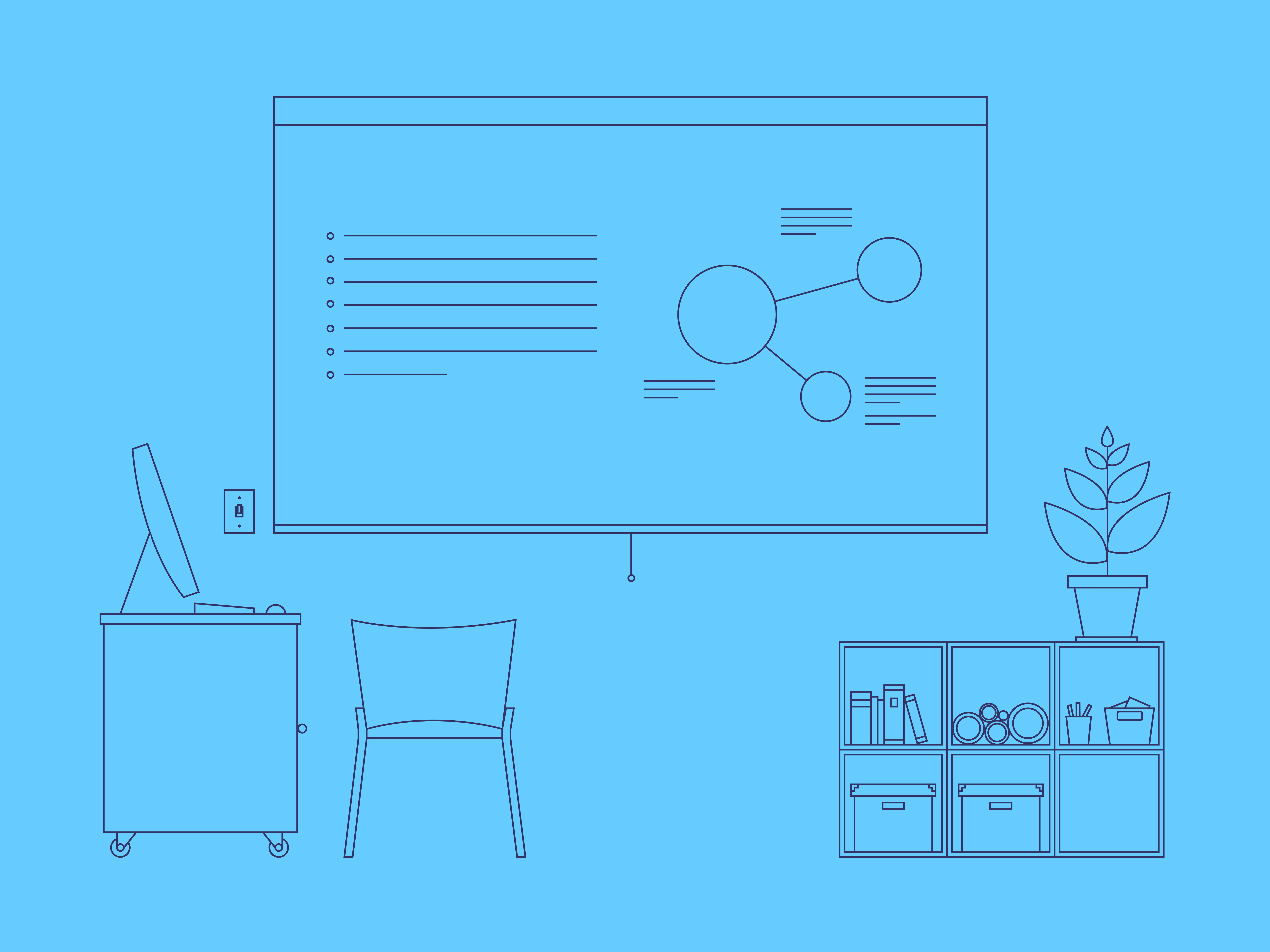 Line art illustration showing a desk and projector screen