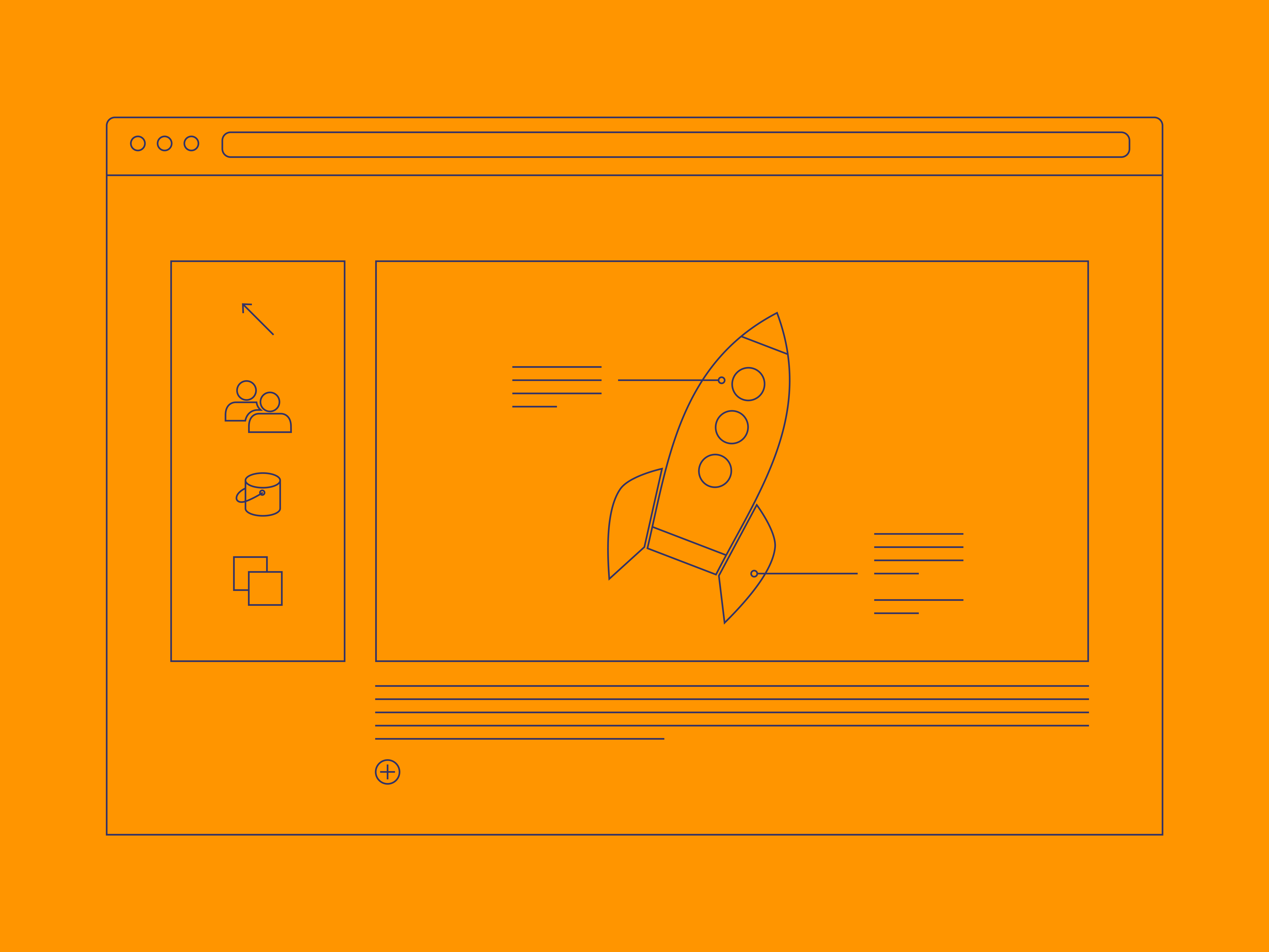 Line art illustration showing a web-based whiteboarding application