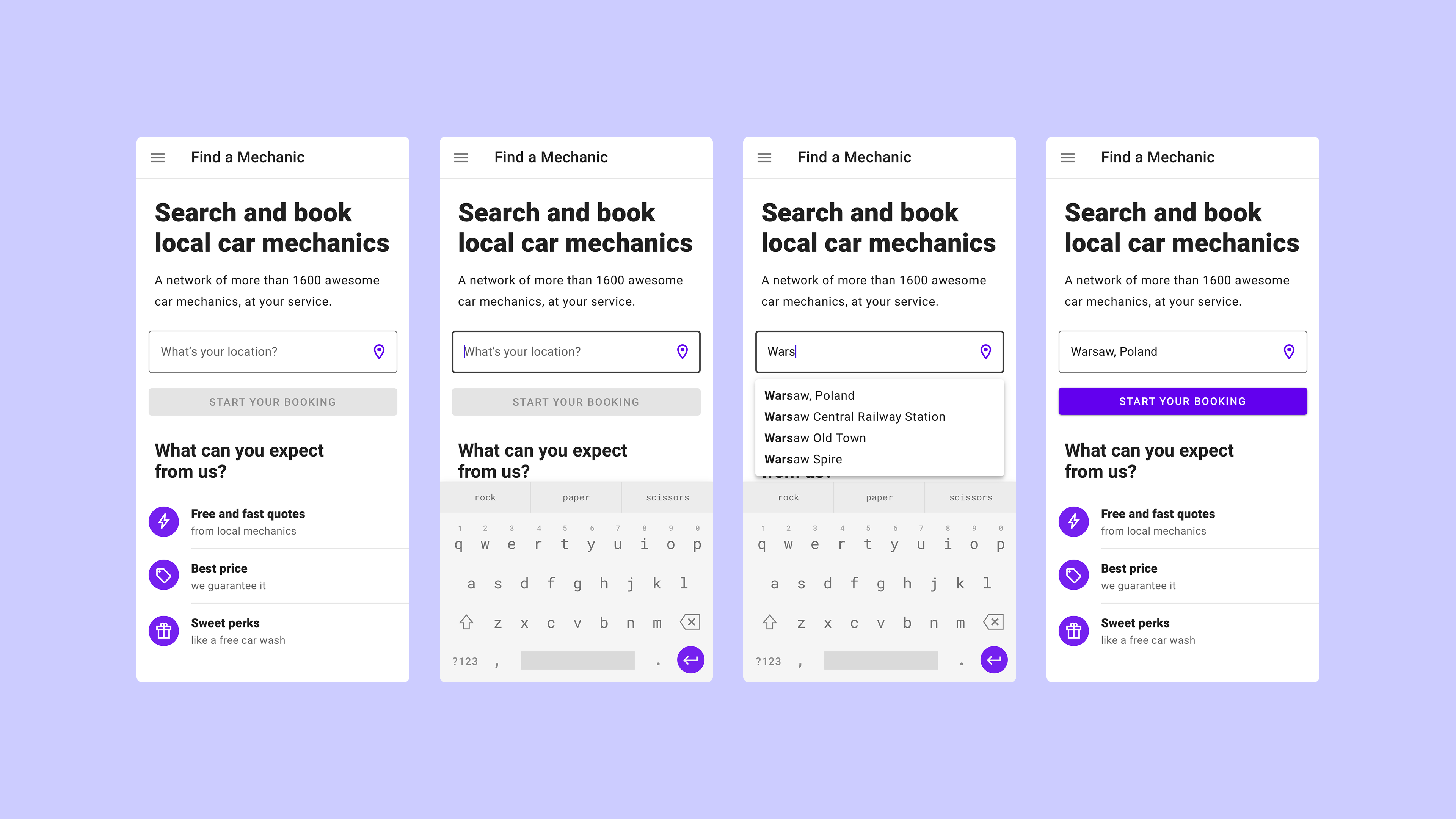Slide displaying four mockups of a car mechanic booking app