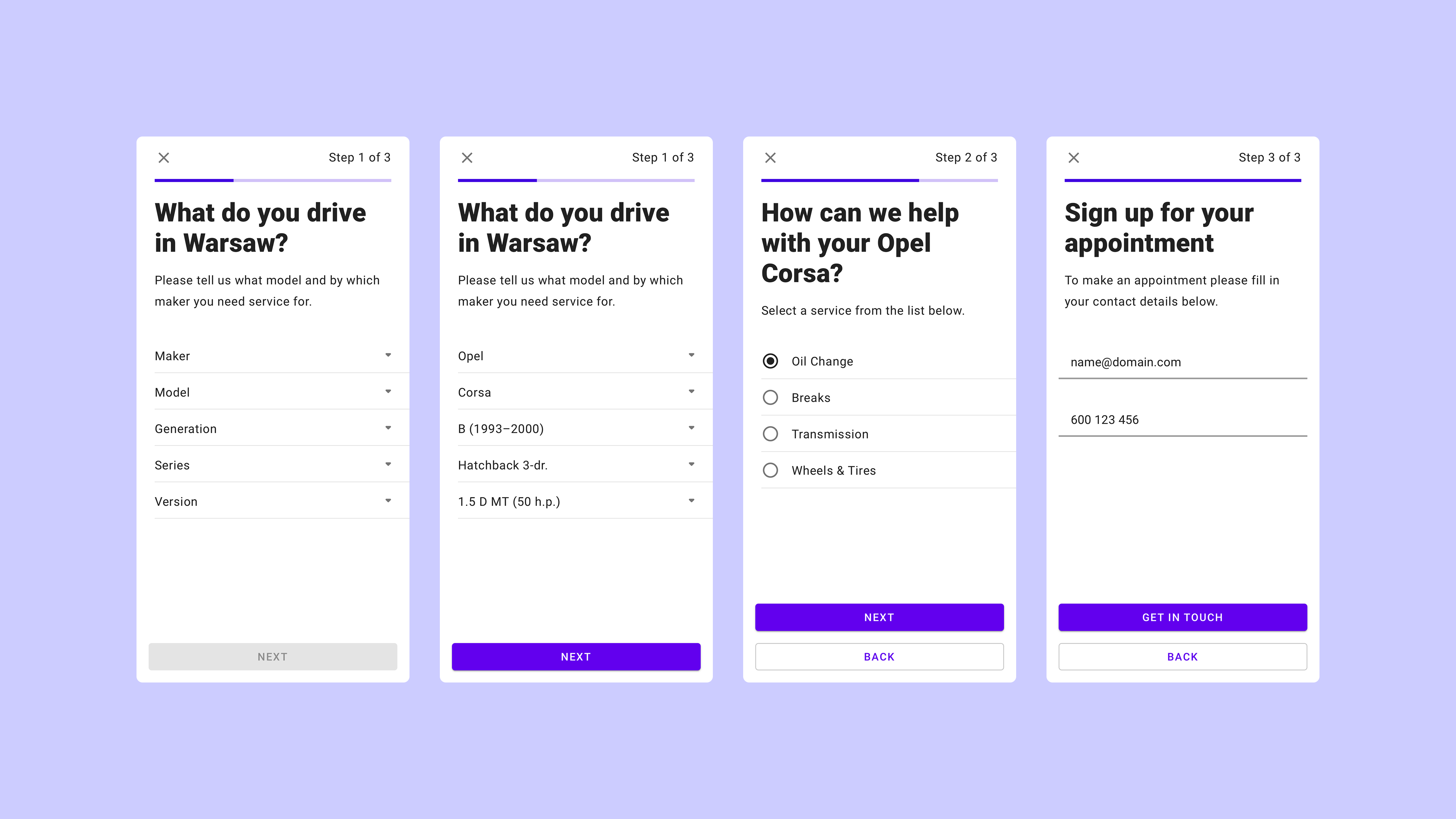 Slide displaying four mockups of a car mechanic booking app