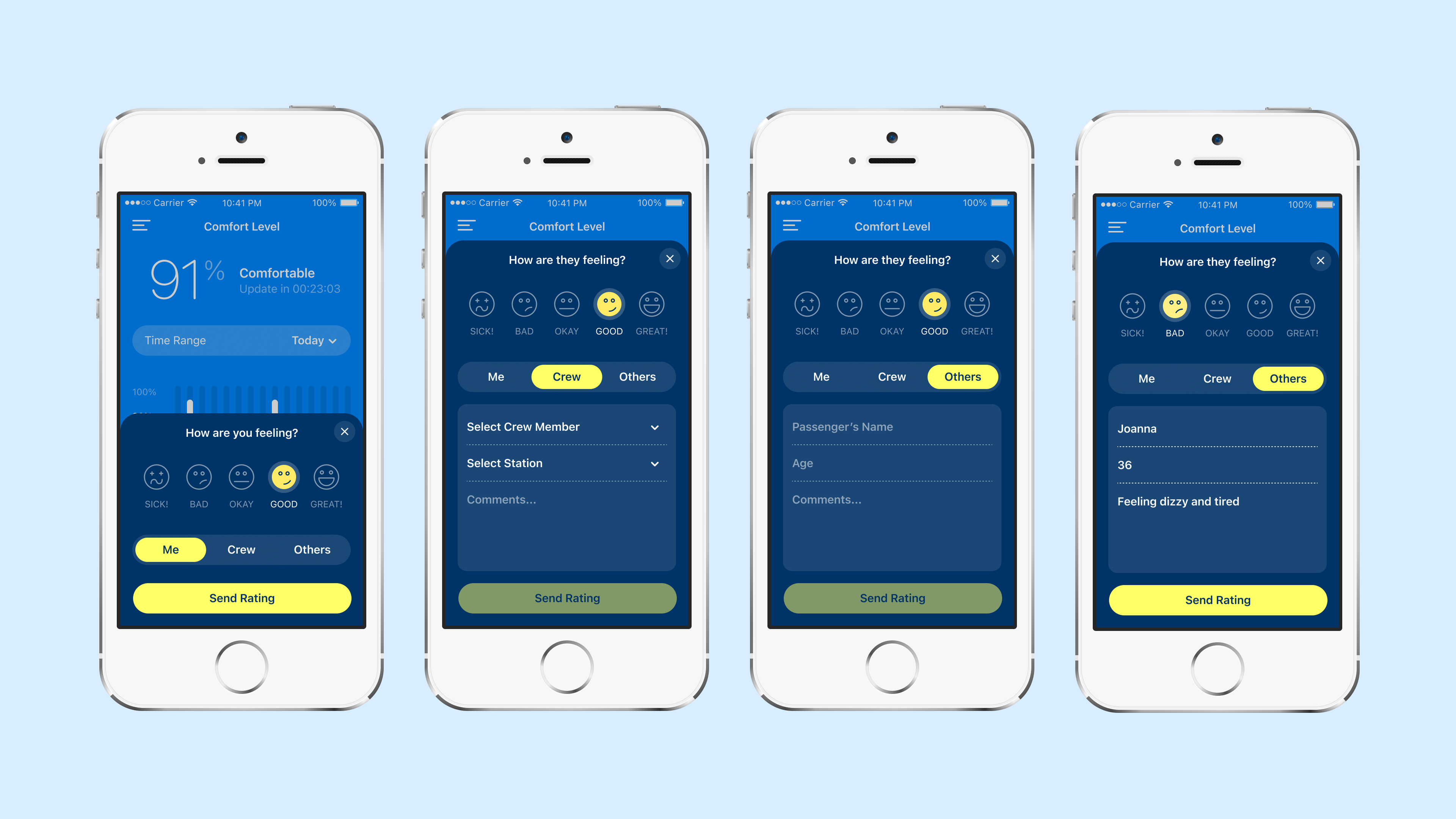 Slide displaying four mockups of a maritime comfort tracking app