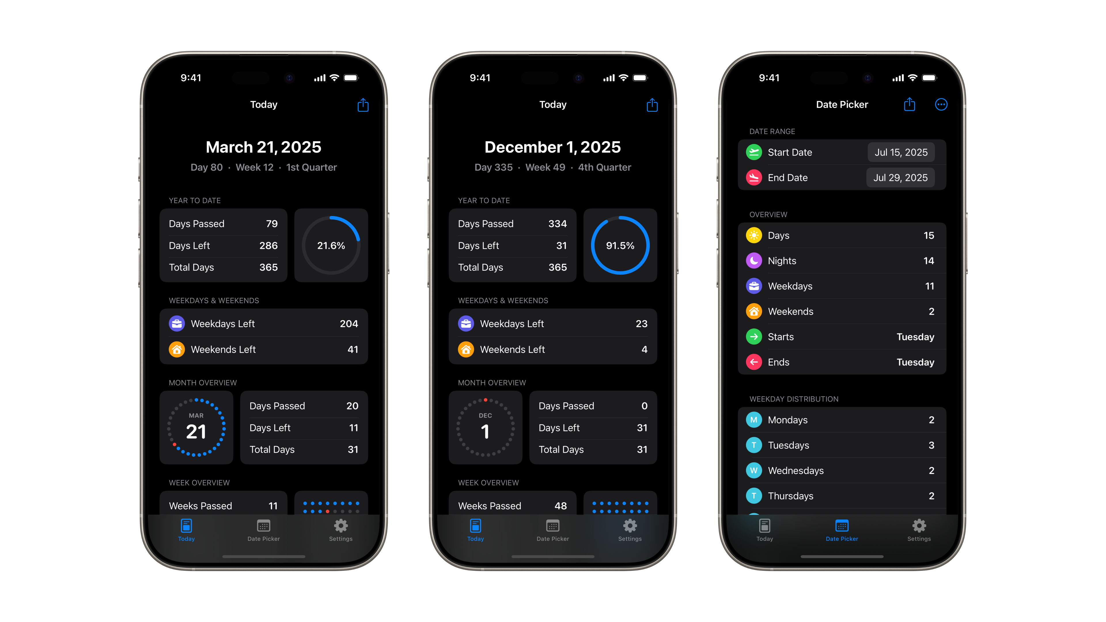 Slide displaying three Calmetric iOS app screenshots taken in dark mode