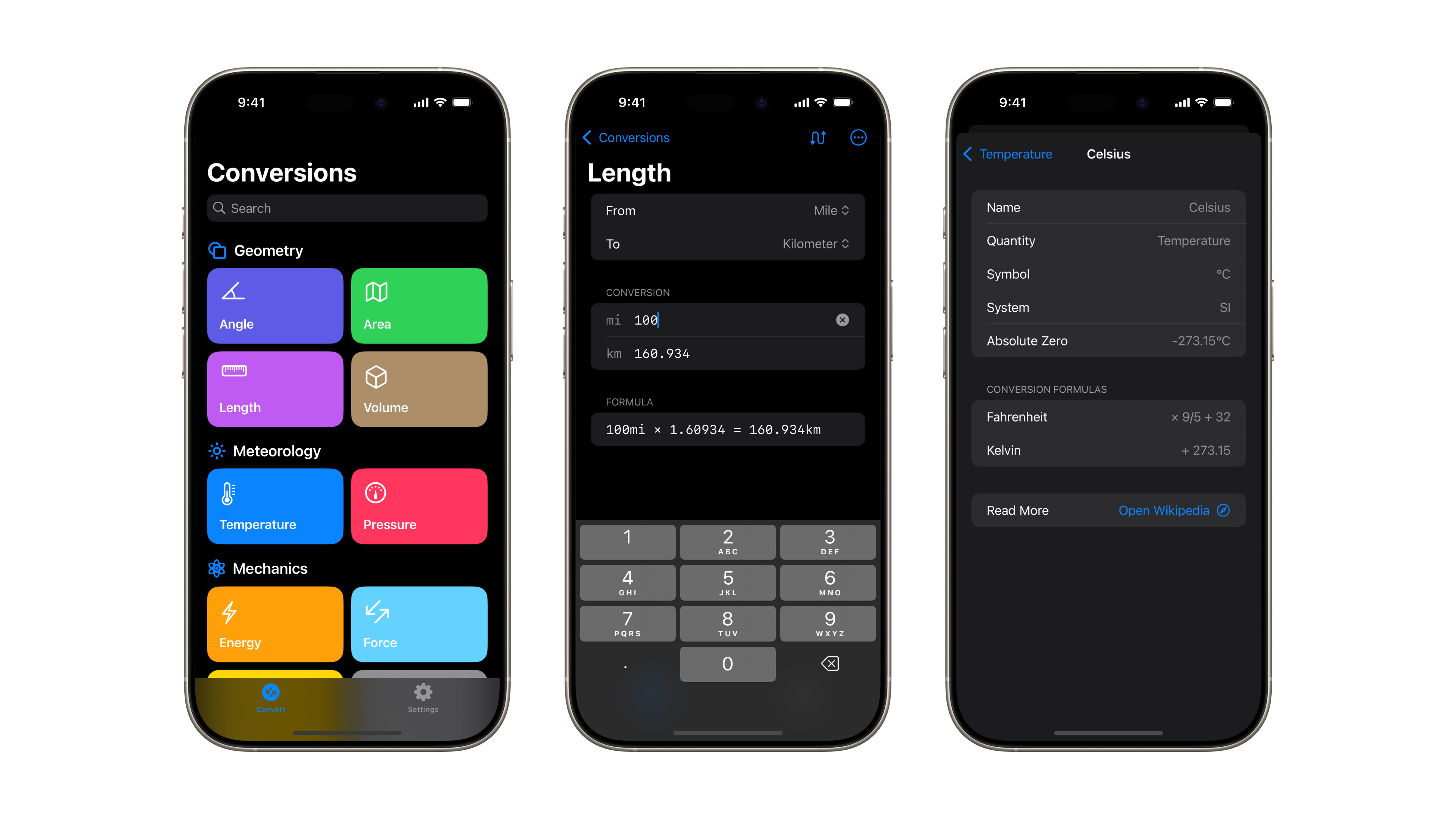 Slide displaying three Conversions iOS app screenshots taken in dark mode
