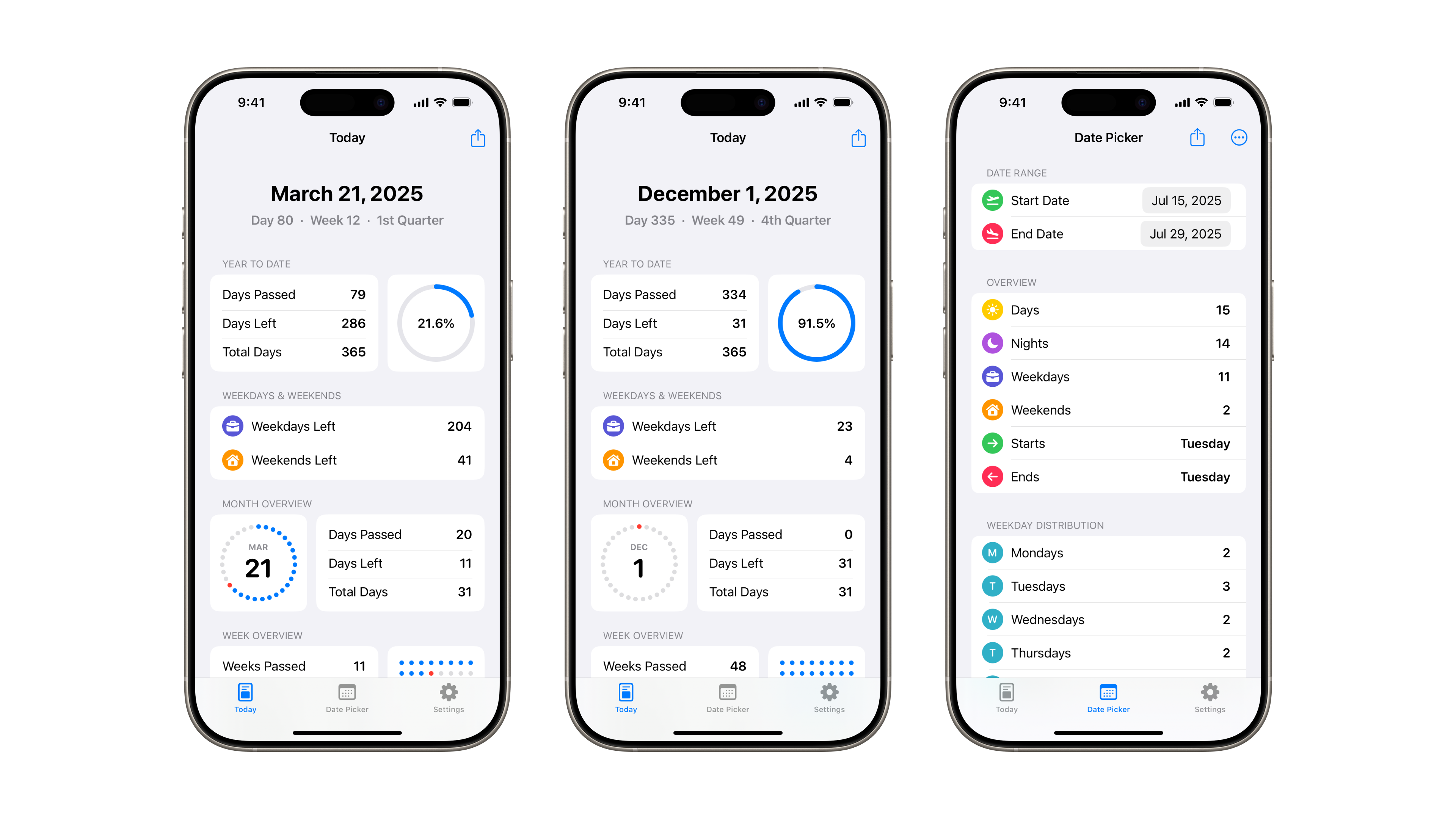 Slide displaying three Calmetric iOS app screenshots taken in light mode