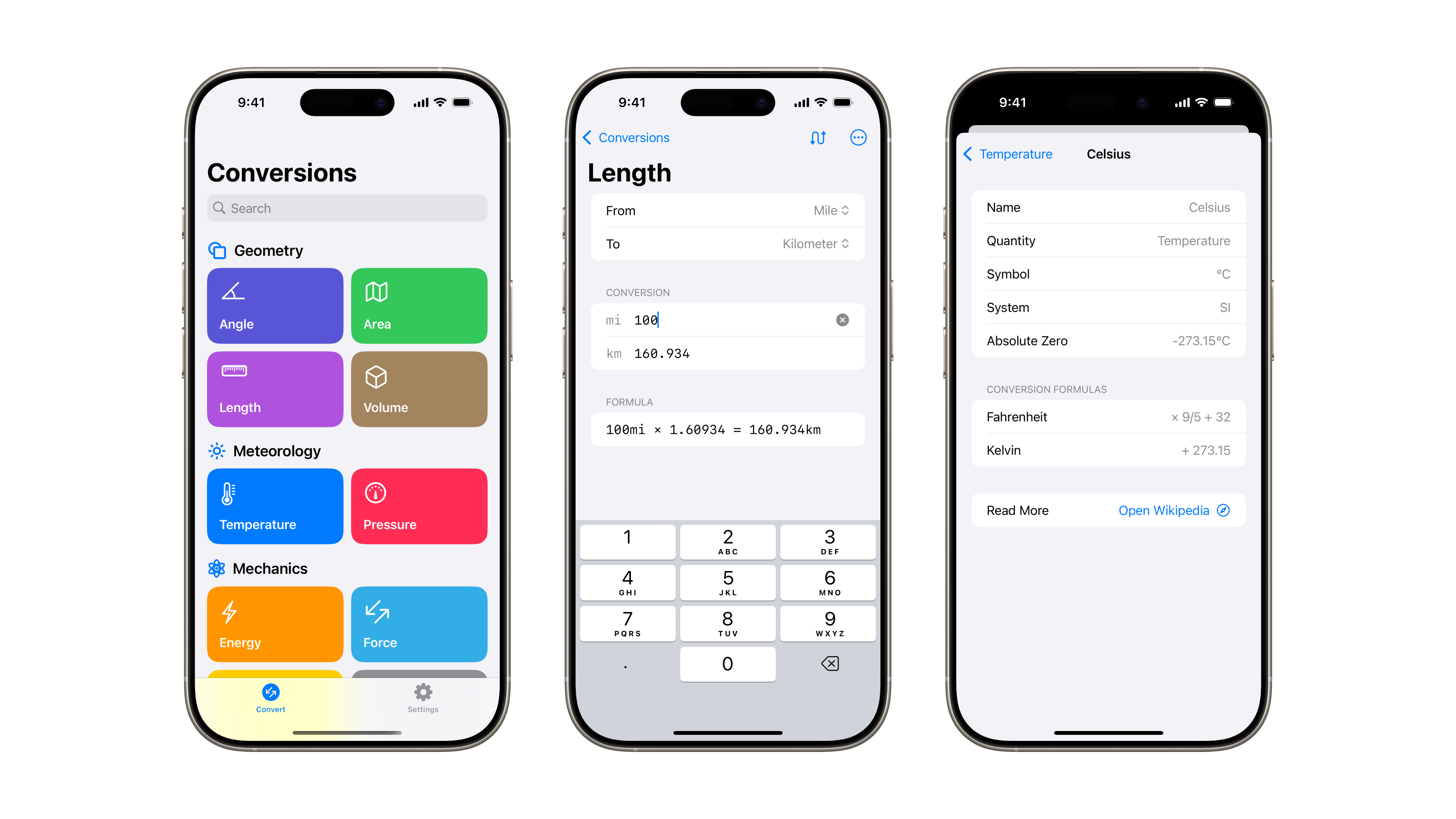 Slide displaying three Conversions iOS app screenshots taken in light mode