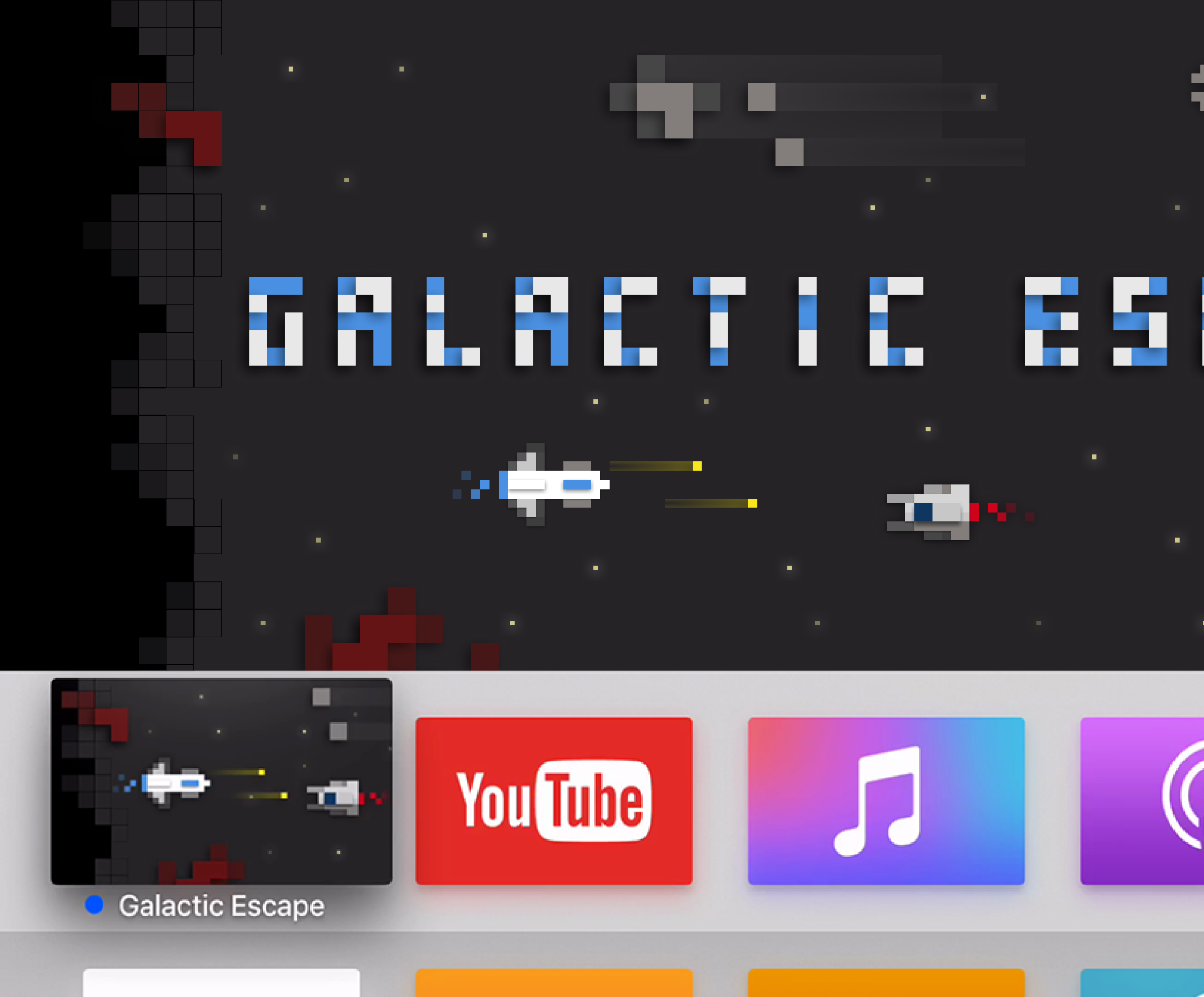 Cropped screenshot of Galactic Escape app icon and top shelf image on the Apple TV Home Screen