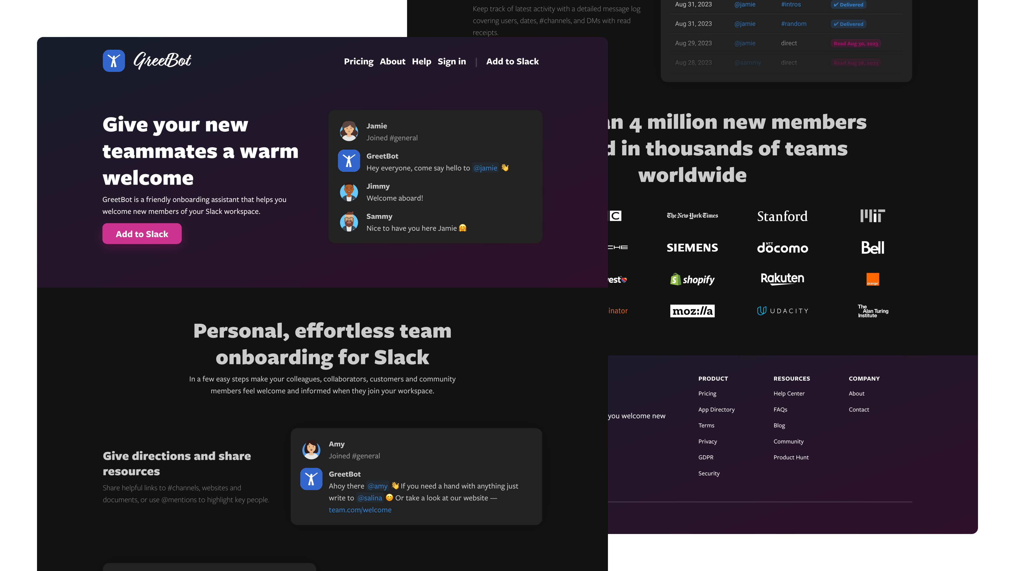 Greet.Bot landing page in dark mode