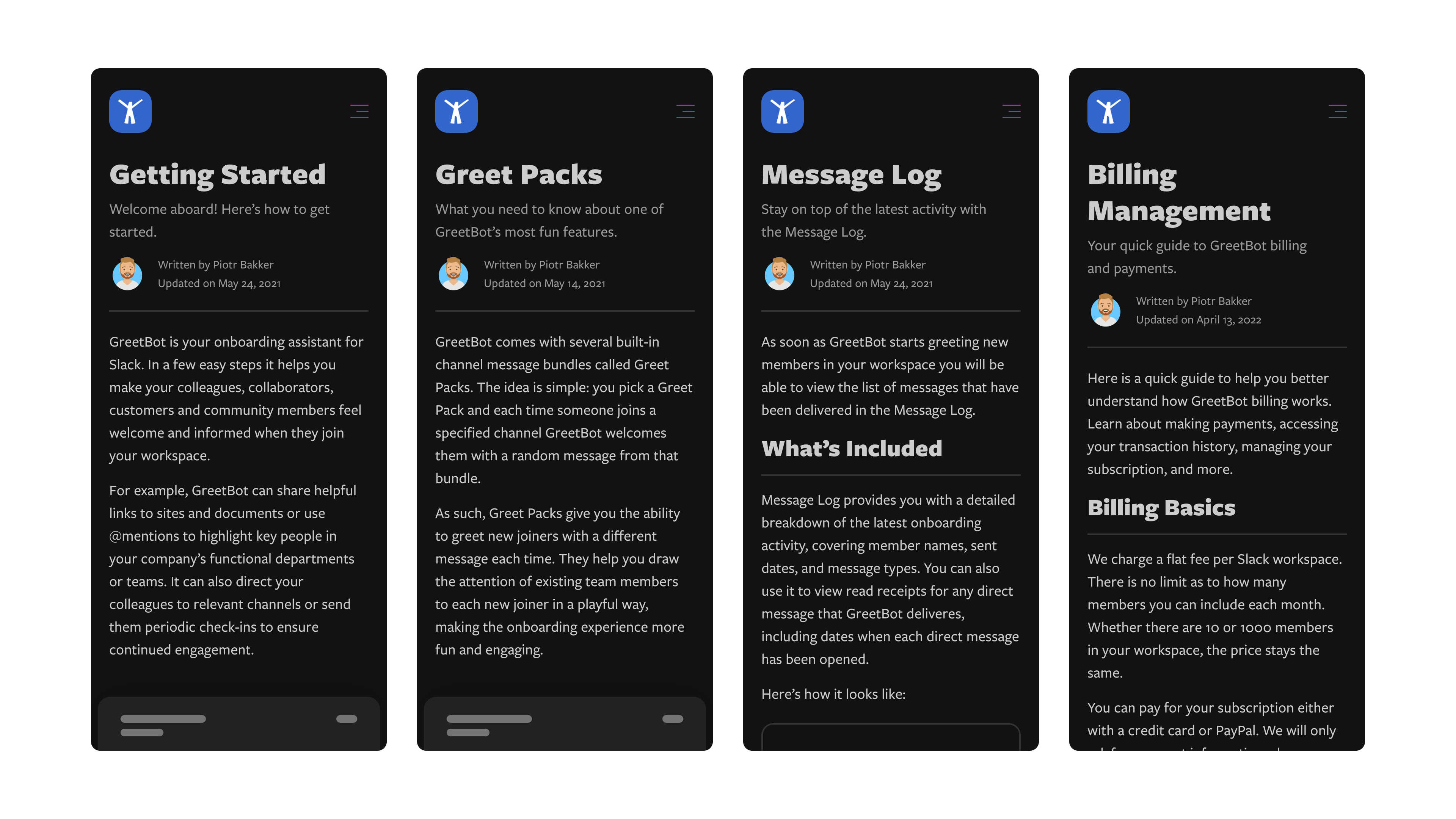 Screenshots of various how-to articles in mobile viewports using dark mode