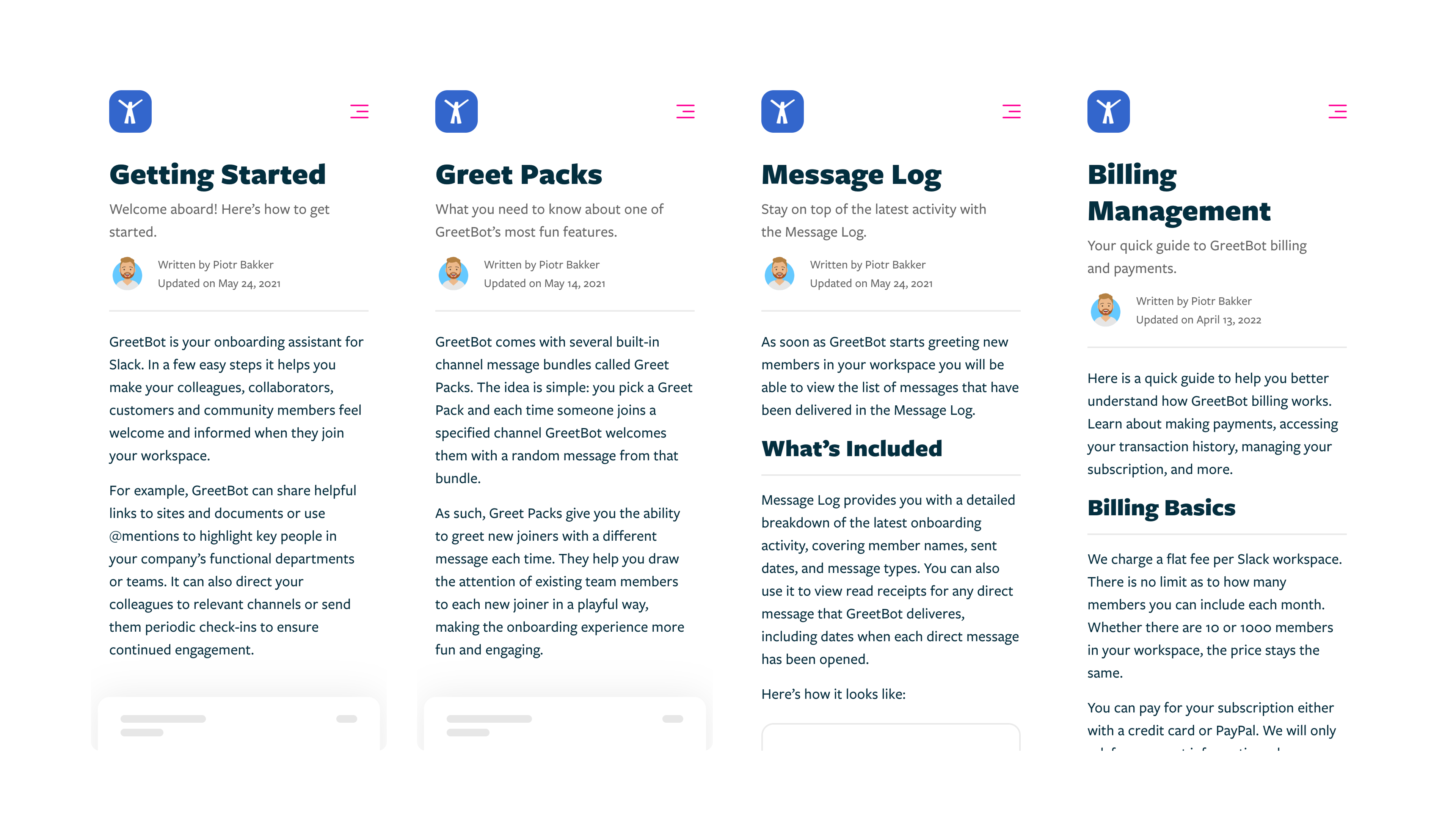 Screenshots of various how-to articles in mobile viewports using light mode