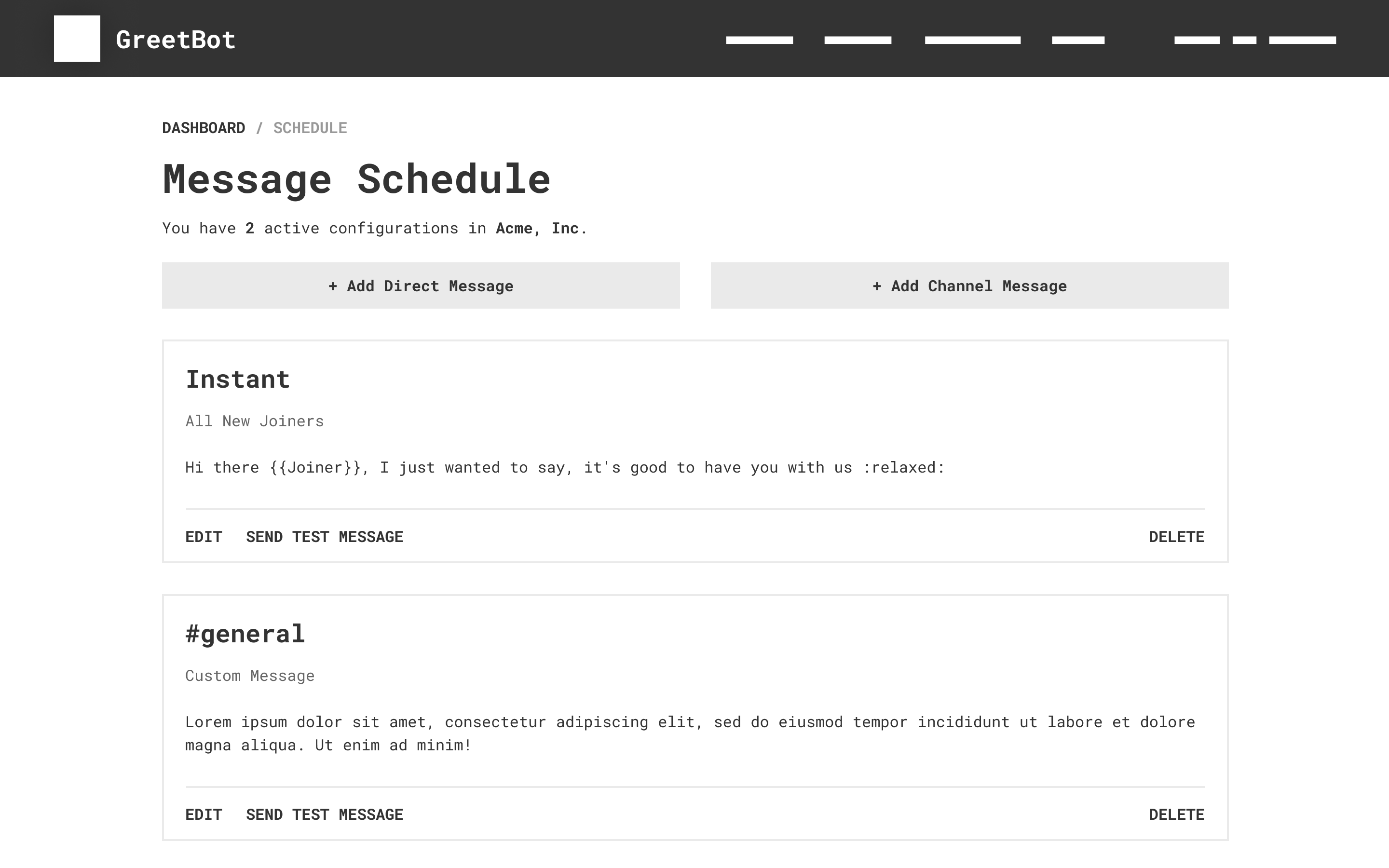 Wireframe of GreetBot’s message schedule