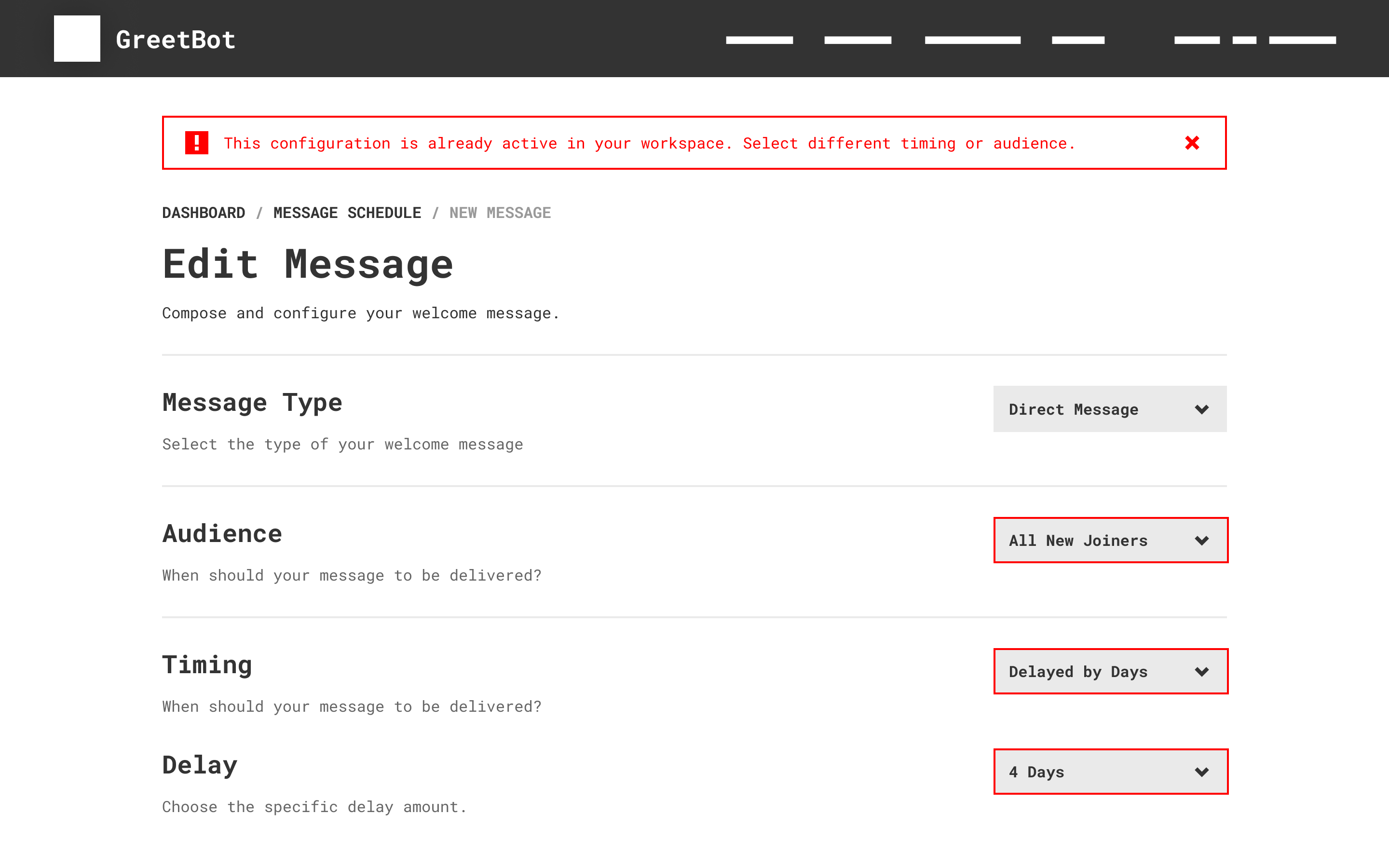 Wireframe of GreetBot’s web message editor with alert placement