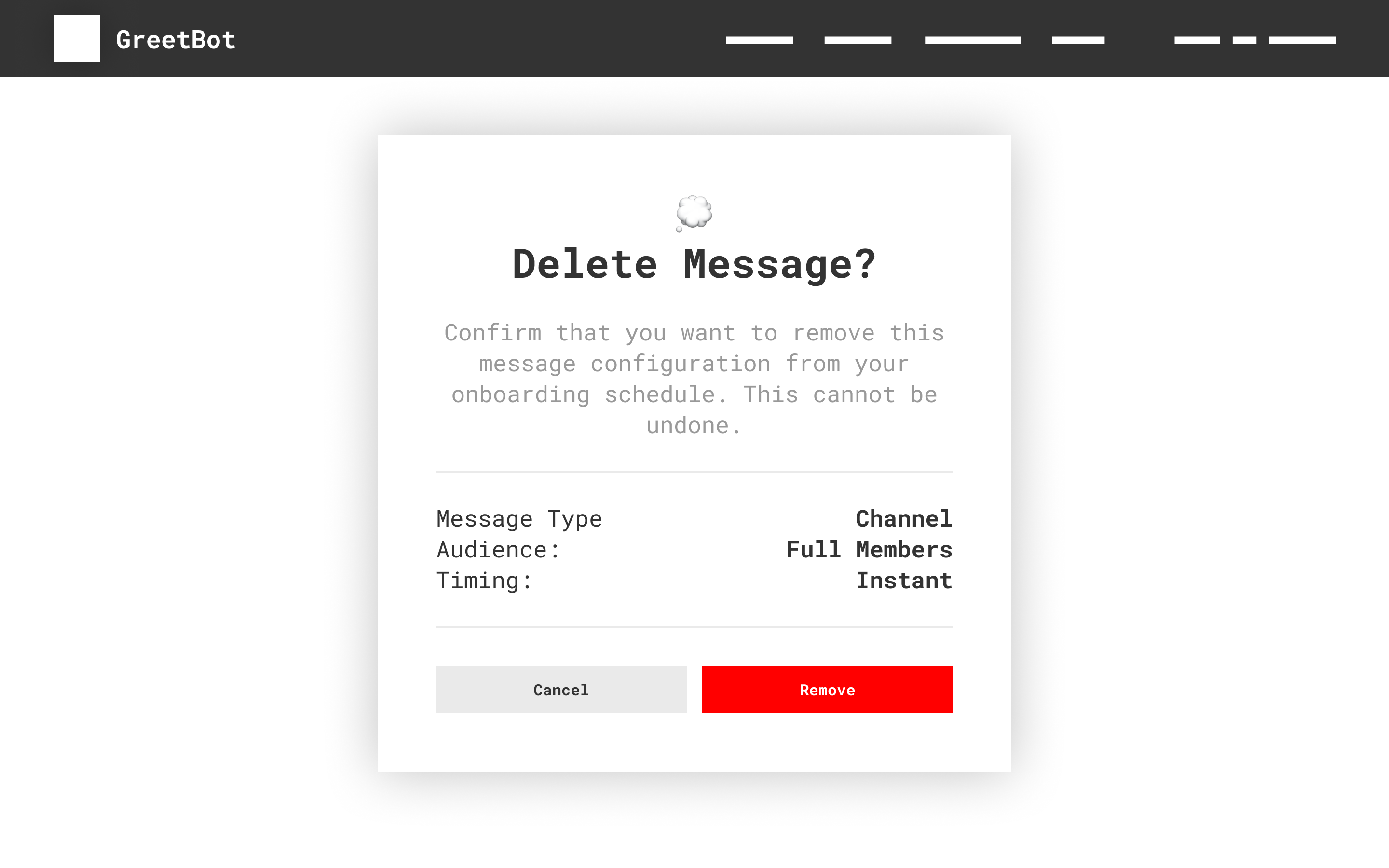 Wireframe of GreetBot’s modal for message deletion confirmation