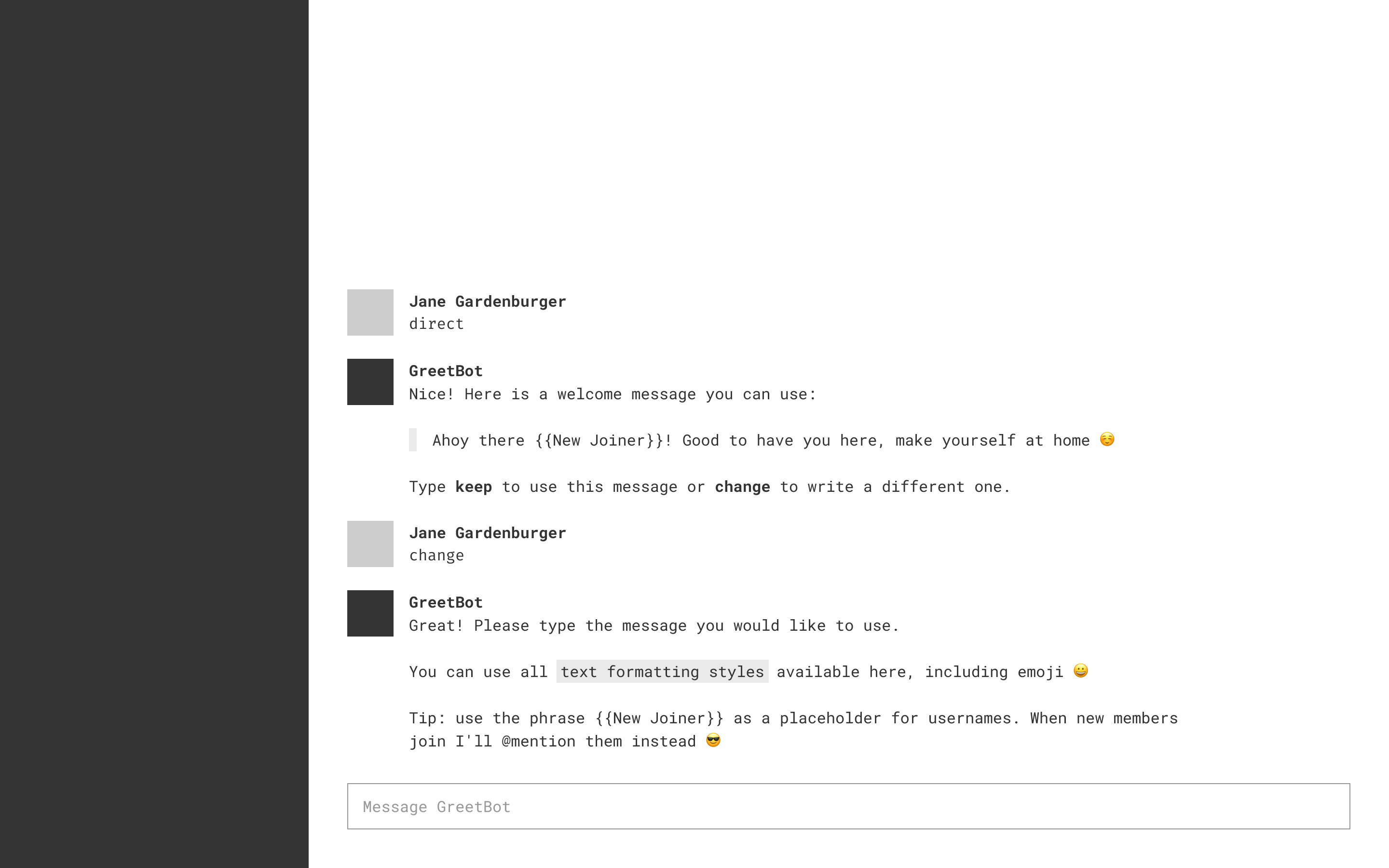 Wireframe of GreetBot’s direct message configuration