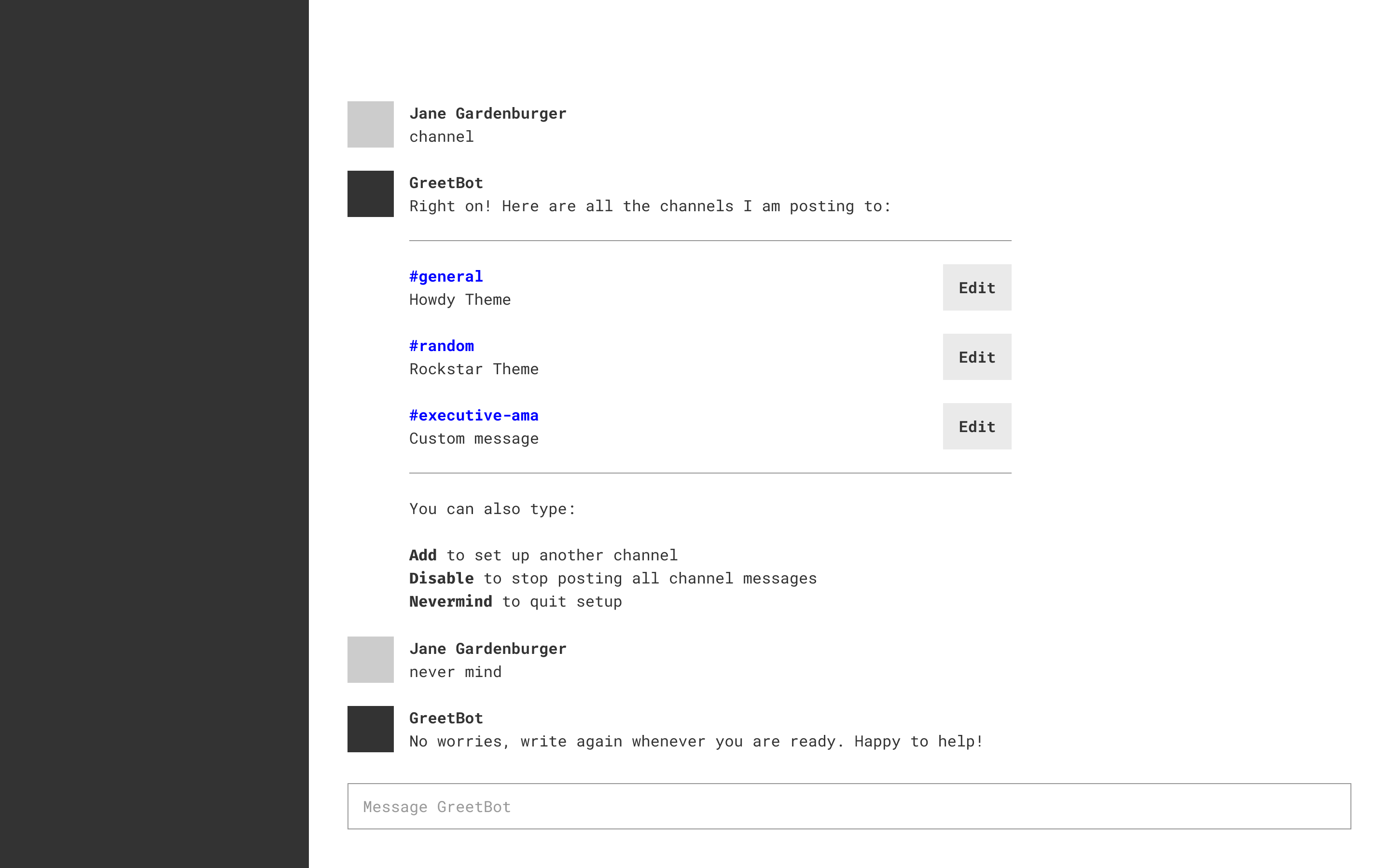 Wireframe of GreetBot’s channel message configuration