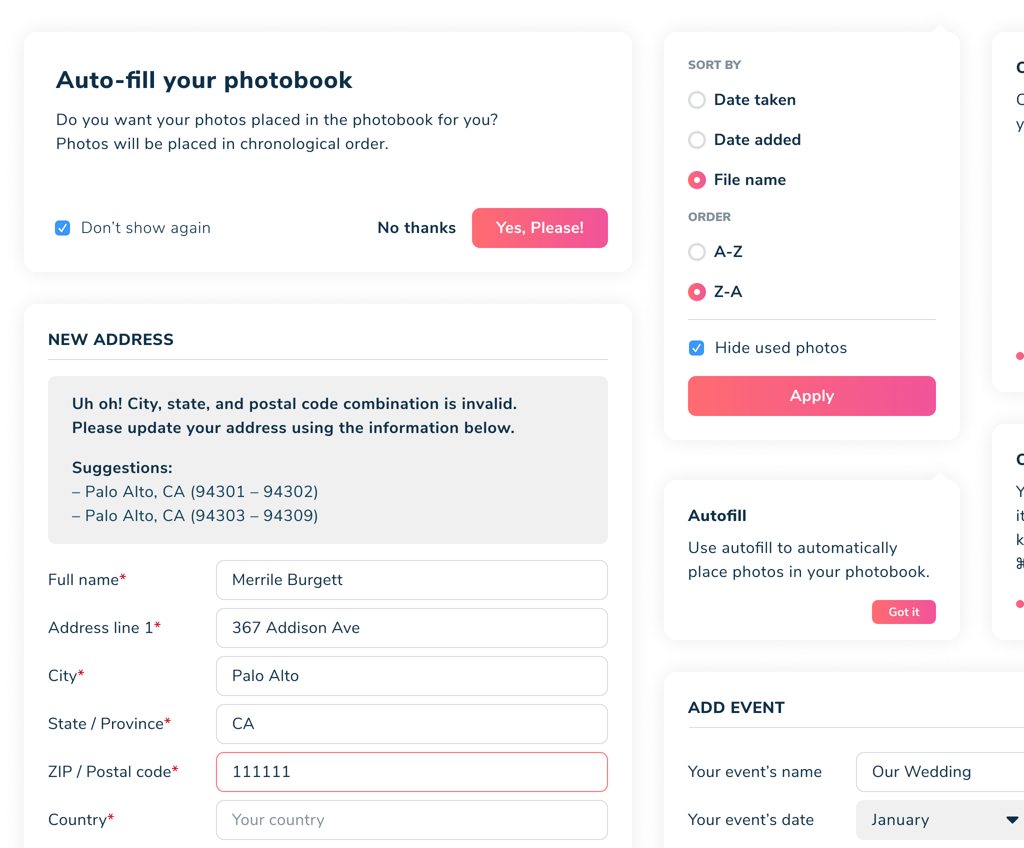 Cropped screenshot of Mixbook’s user interface components