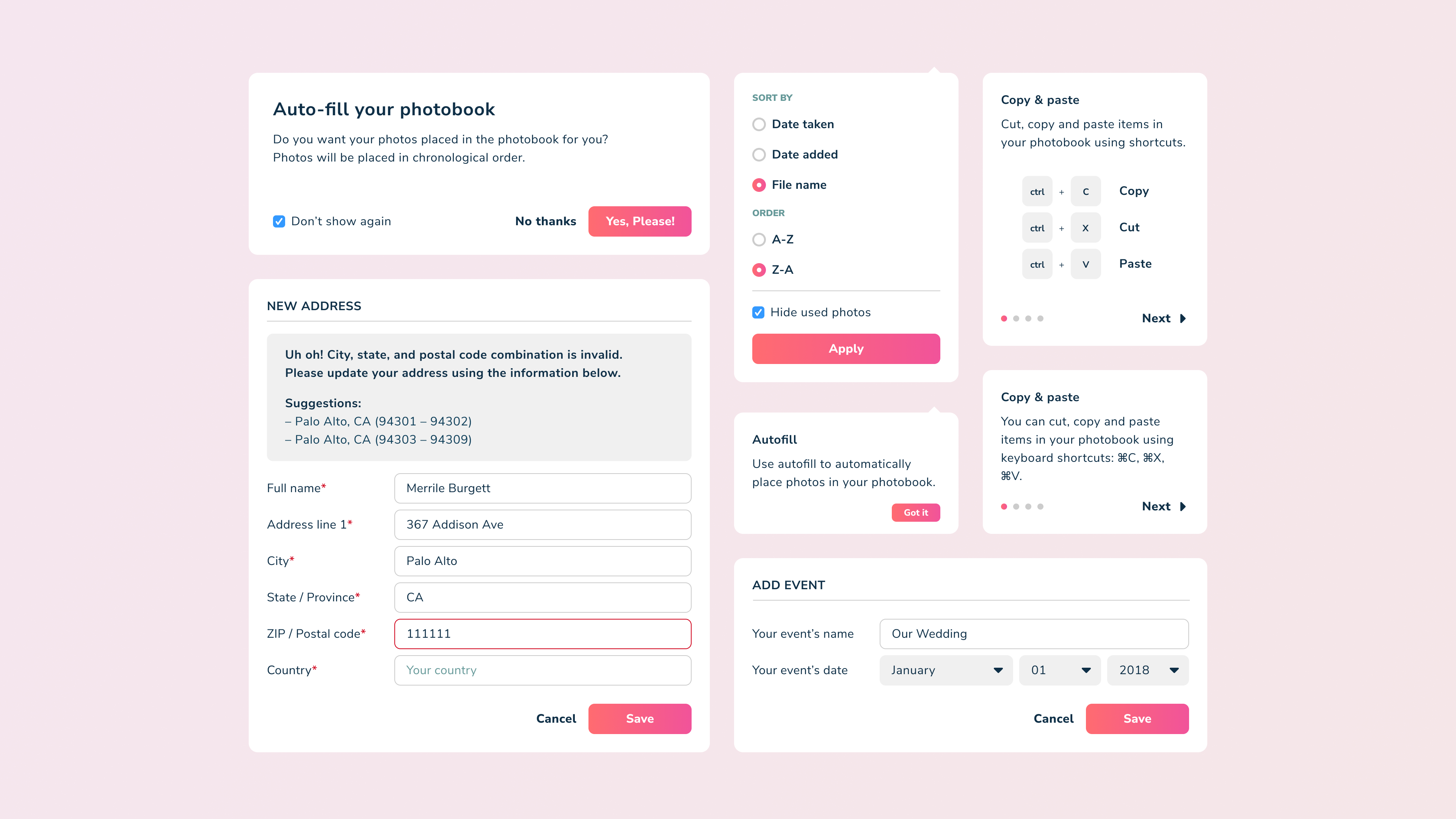 Mixbook photo book editor modals and popovers