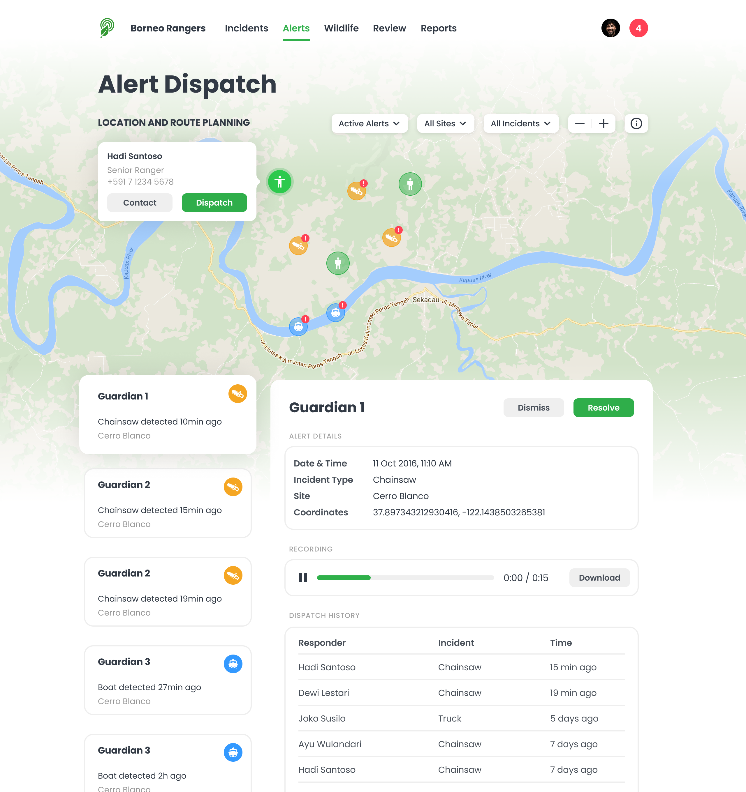 Mockup of the RFCx alert dispatch dashboard (desktop viewport)