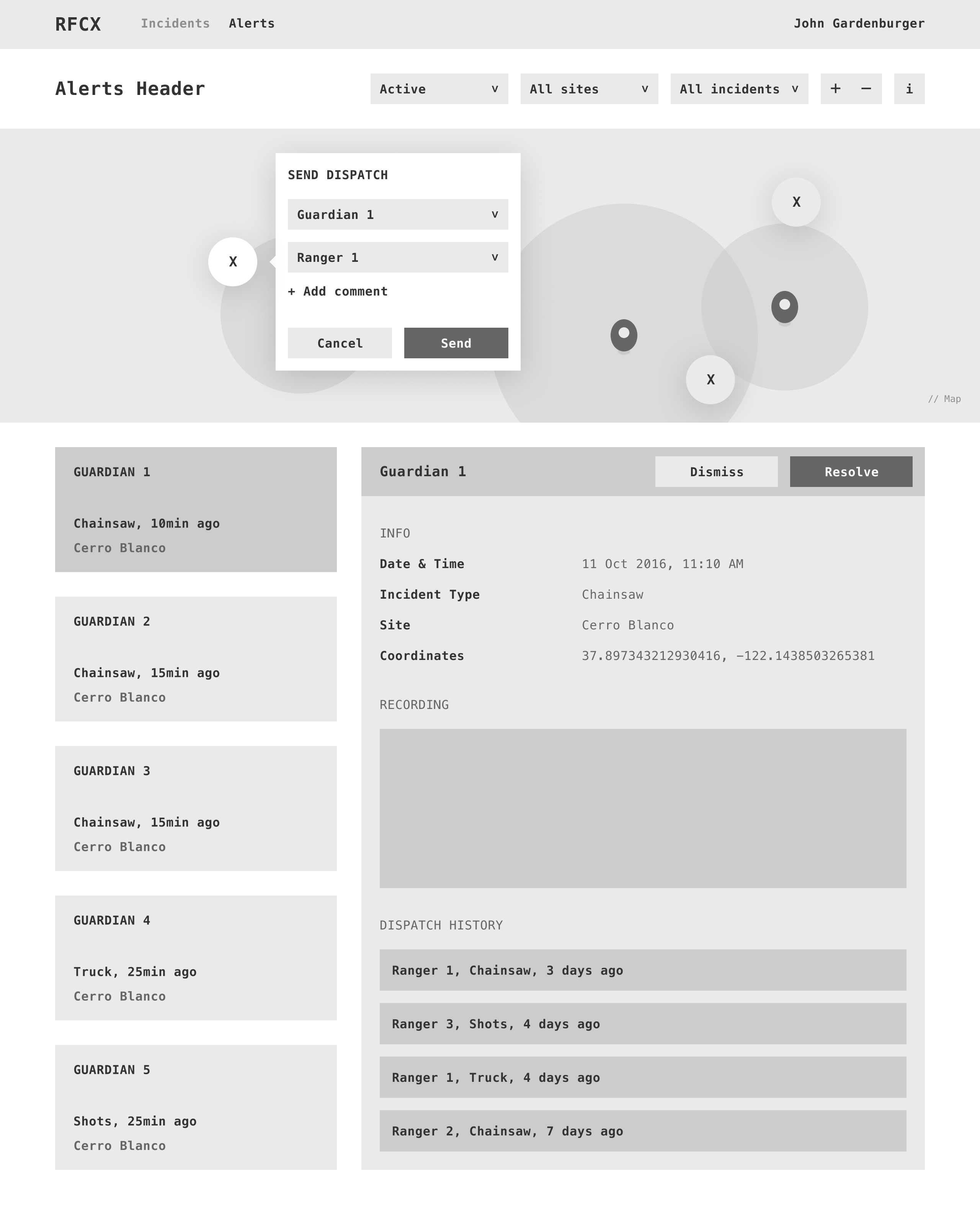 Wireframe of RFCx’s alert dispatch dashboard