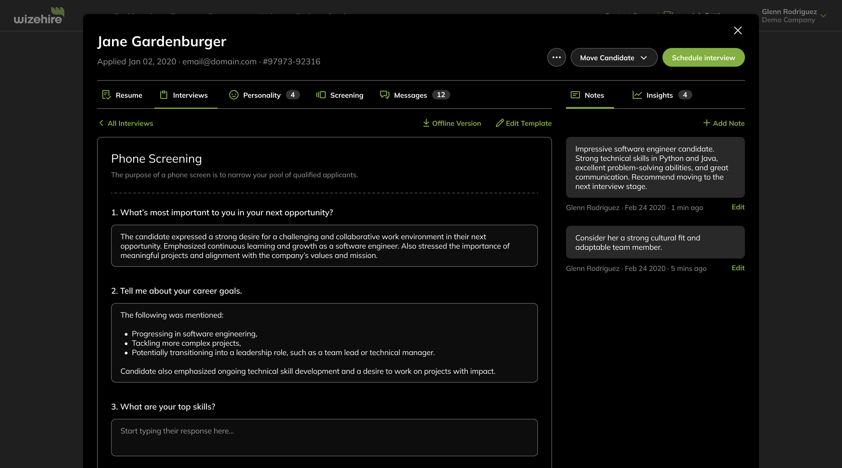 Wizehire candidate profile page mockup