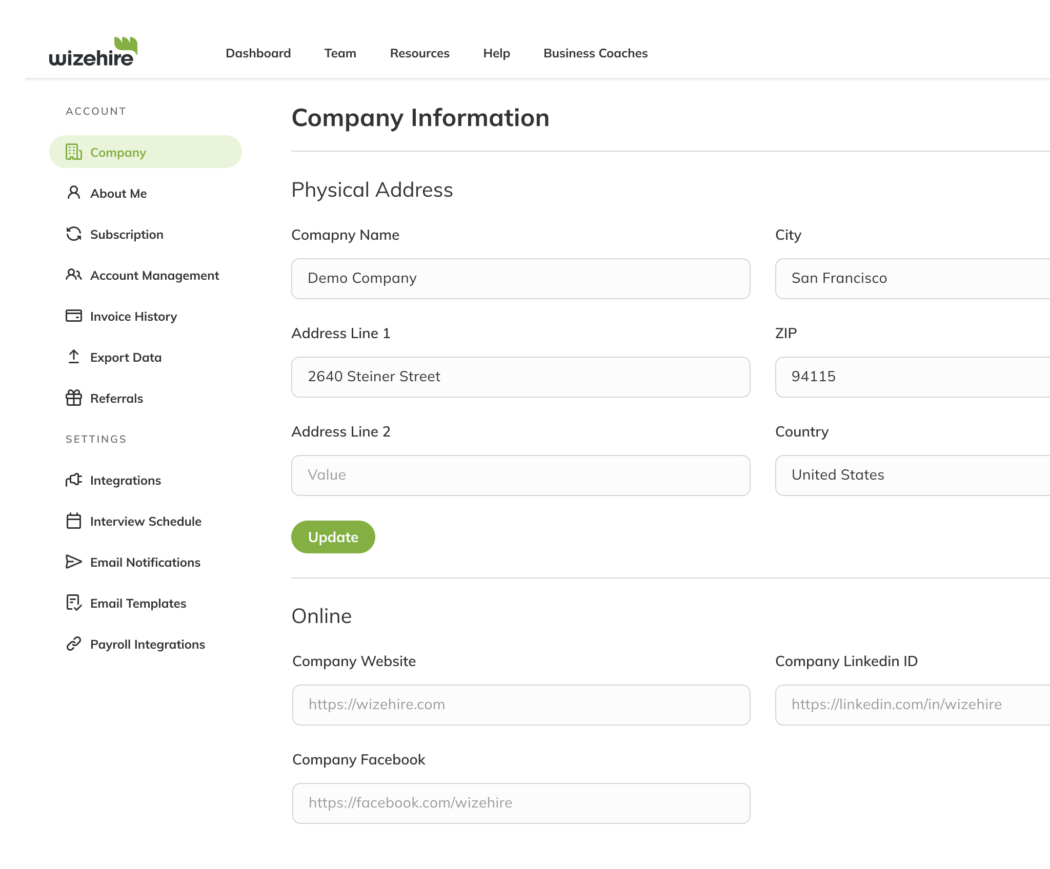 Cropped screenshot of Wizehire’s organization details page