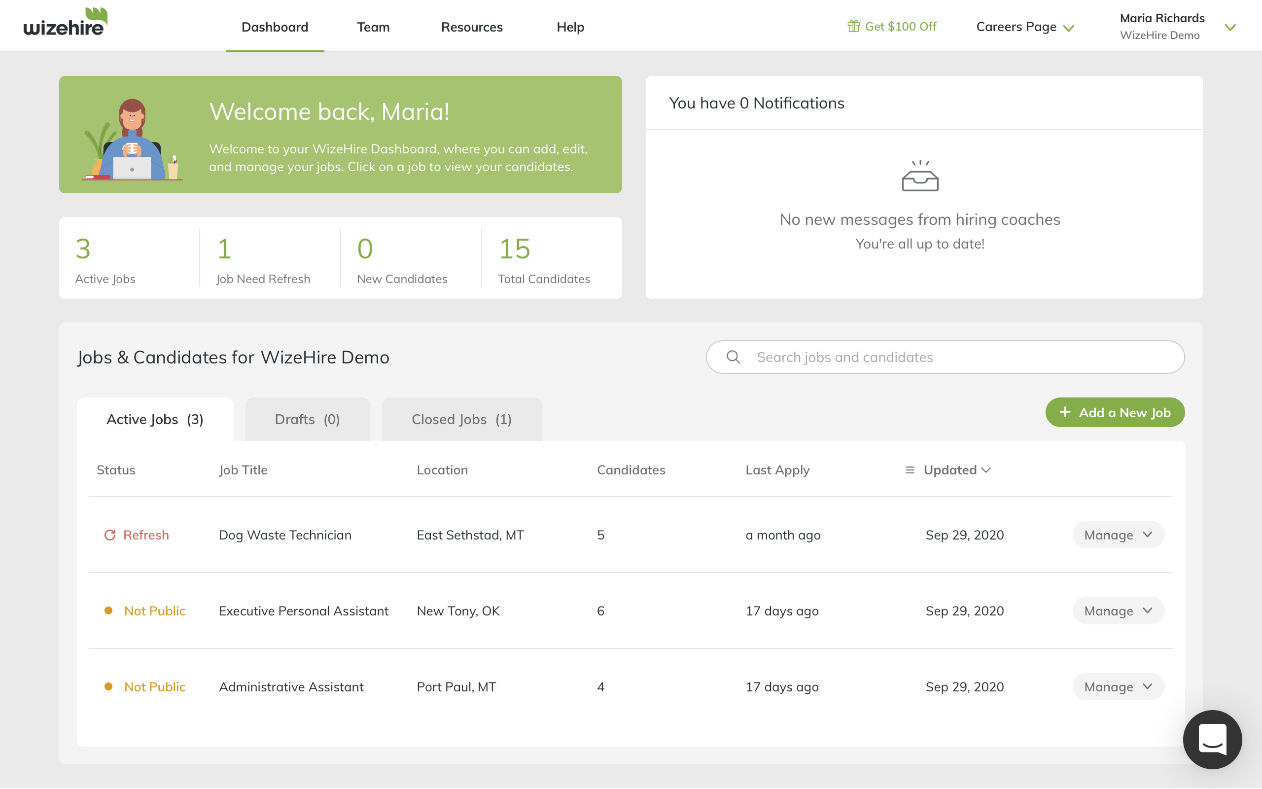 Screeshot of the Wizehire.com dashboard taken at the start of the project