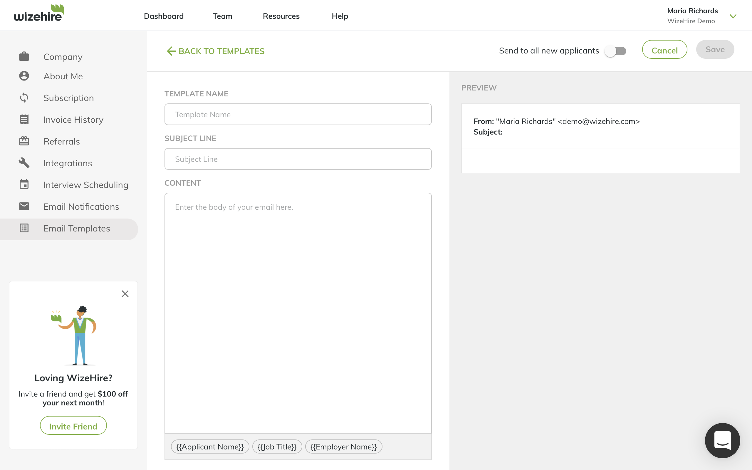 Screeshot of the Wizehire.com new e-mail template editor taken at the start of the project